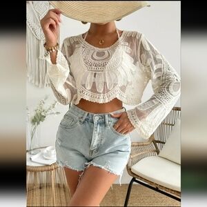 Bohemian Long Sleeve Embroidered Semi Sheer MeshTop Cream Beige S/4 M/6 L/8-10